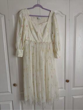 Ivy City Co Cream Midi Dress with Pink & Green Floral Print
